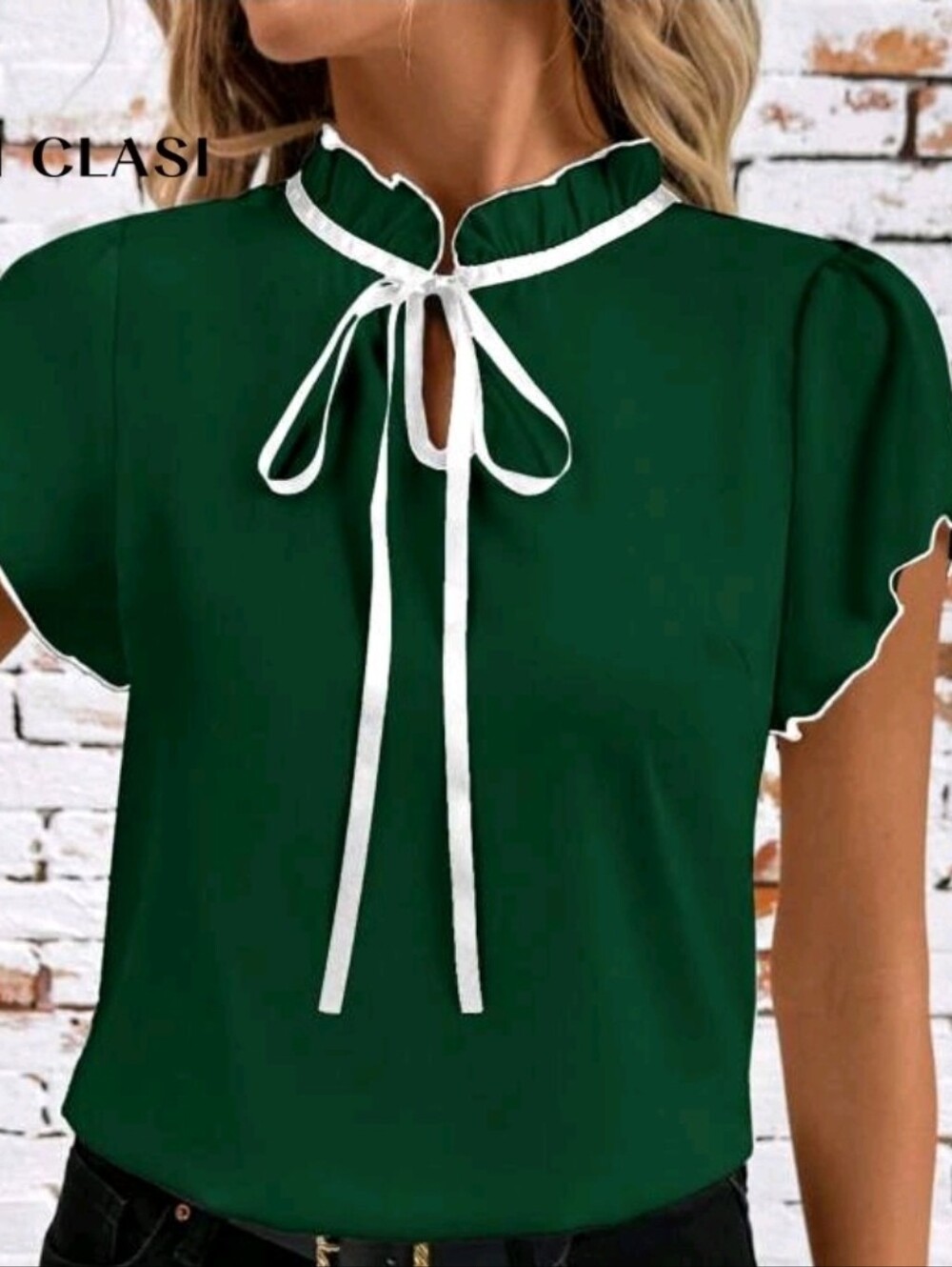 SHEIN Dark Green Tie-Neck Ruffle Sleeve Blouse with White Trim